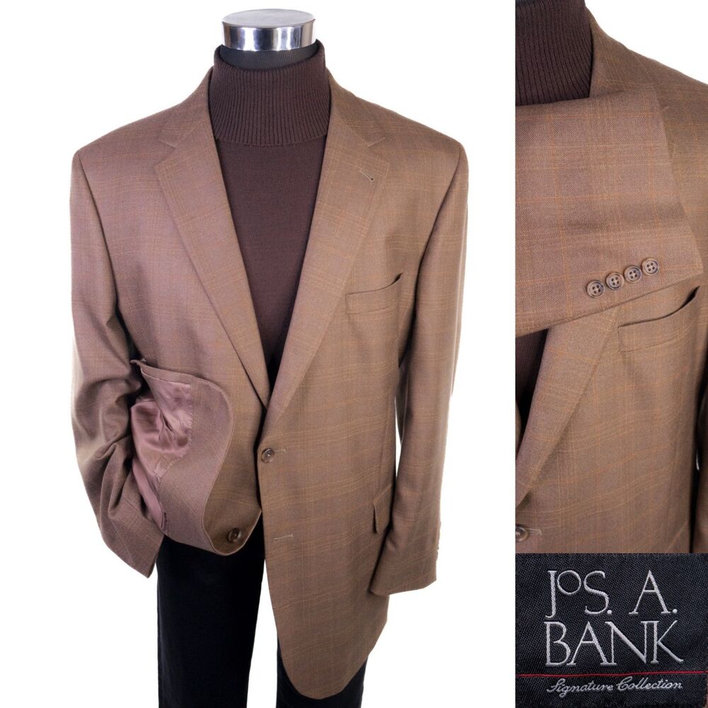 Jos A Bank Blazer Sport Coat Sz 48R Silk/Wool Tan Beige Plaid 2-Button Jacket